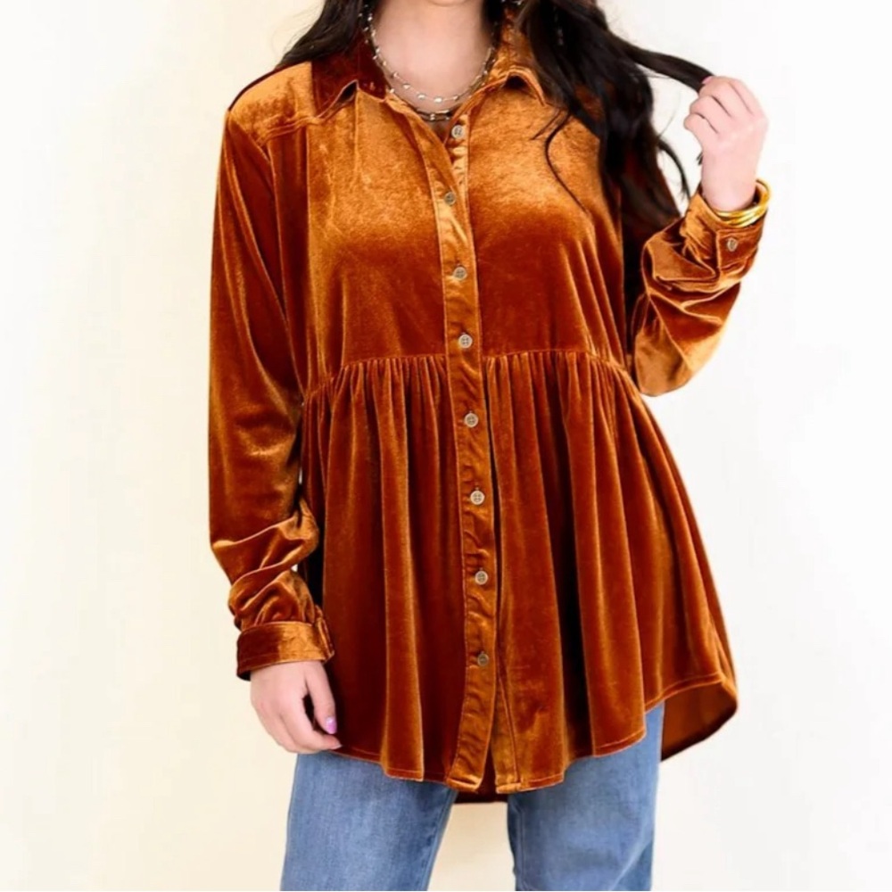 Umgee Burnt Orange Long Sleeve Peplum Button Down Top